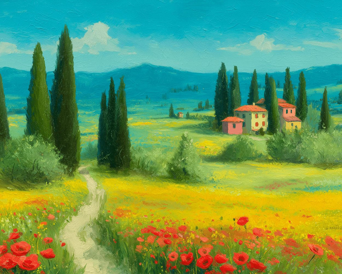 Cypress trees and poppy fields cross stitch kit for beginners