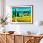 Cypress trees and poppy fields cross stitch artwork displayed on wall as home decor