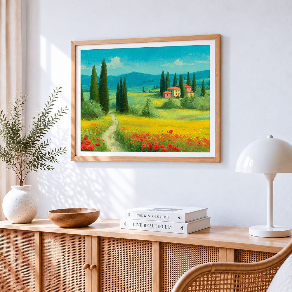 Cypress trees and poppy fields cross stitch artwork displayed on wall as home decor