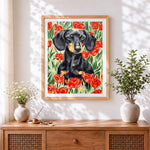 Finished dachshund among red tulips cross stitch artwork displayed