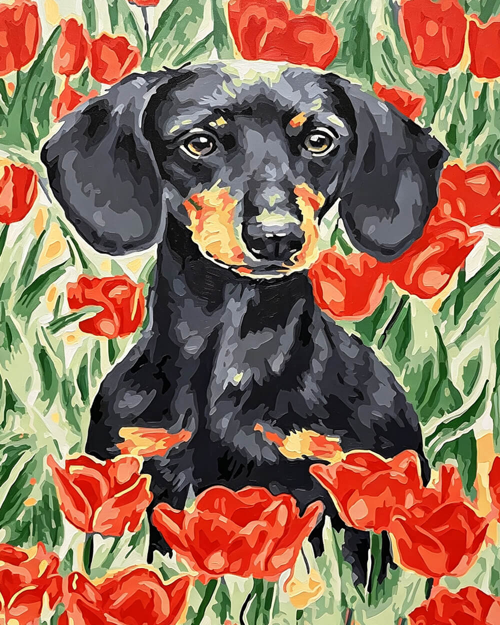 Dachshund among red tulips cross stitch kit for beginners