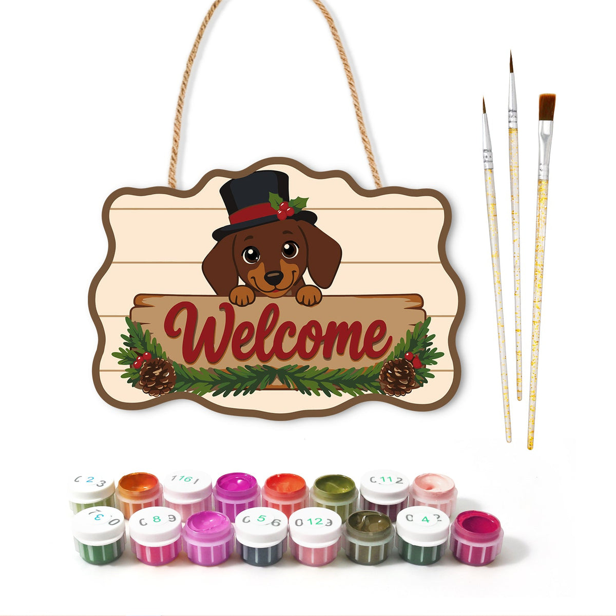 Dachshund welcome paint by numbers door hanger with paints and brushes