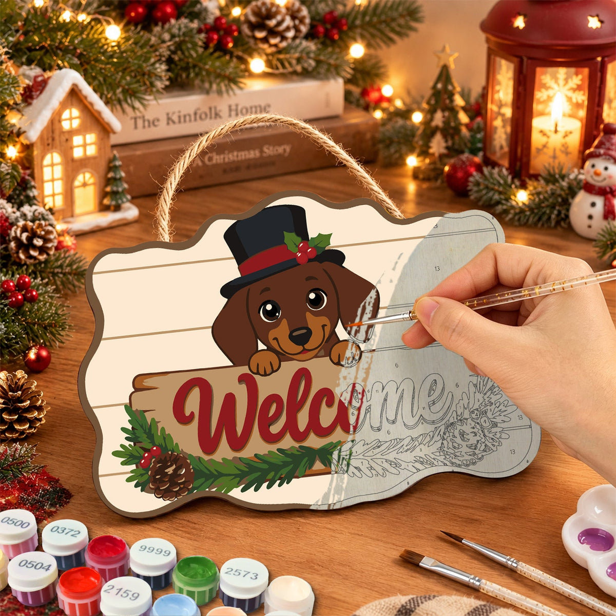 Dachshund welcome paint by numbers door hanger painting process