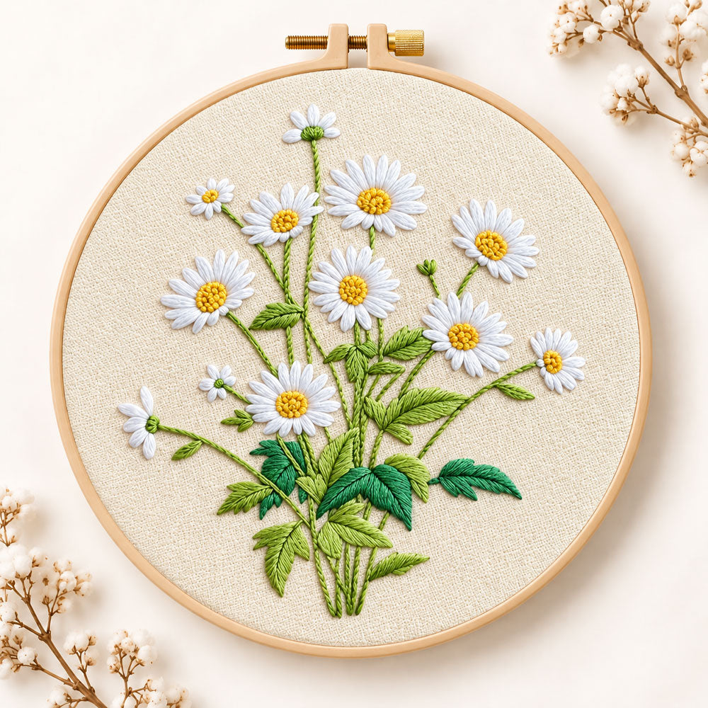 Daisies on beige background embroidery kit