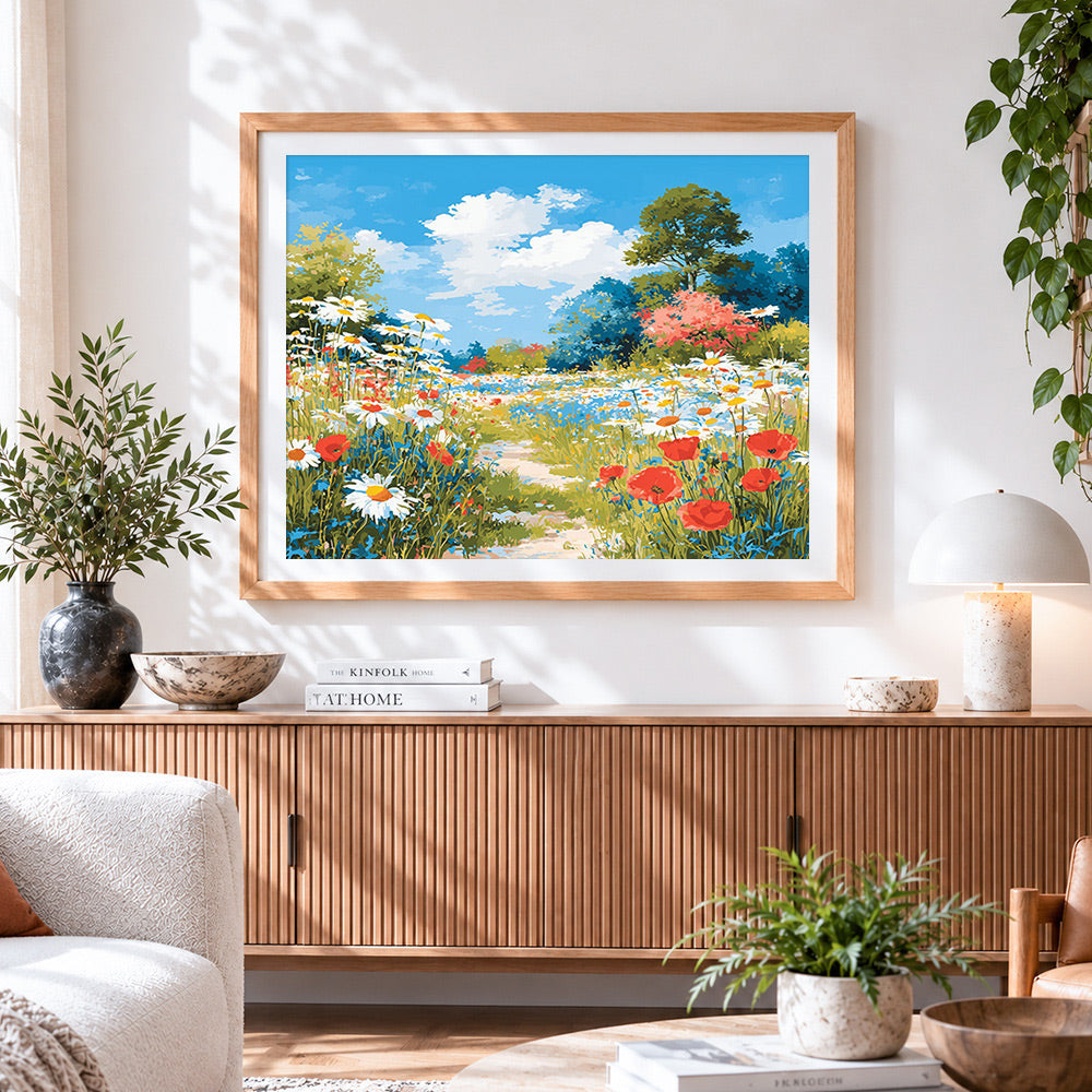 Finished daisy and poppy flower path cross stitch artwork displayed
