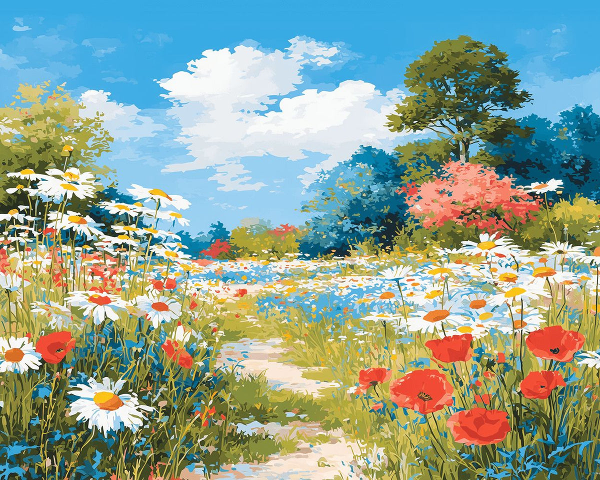 Daisy and poppy flower path cross stitch kit for beginners