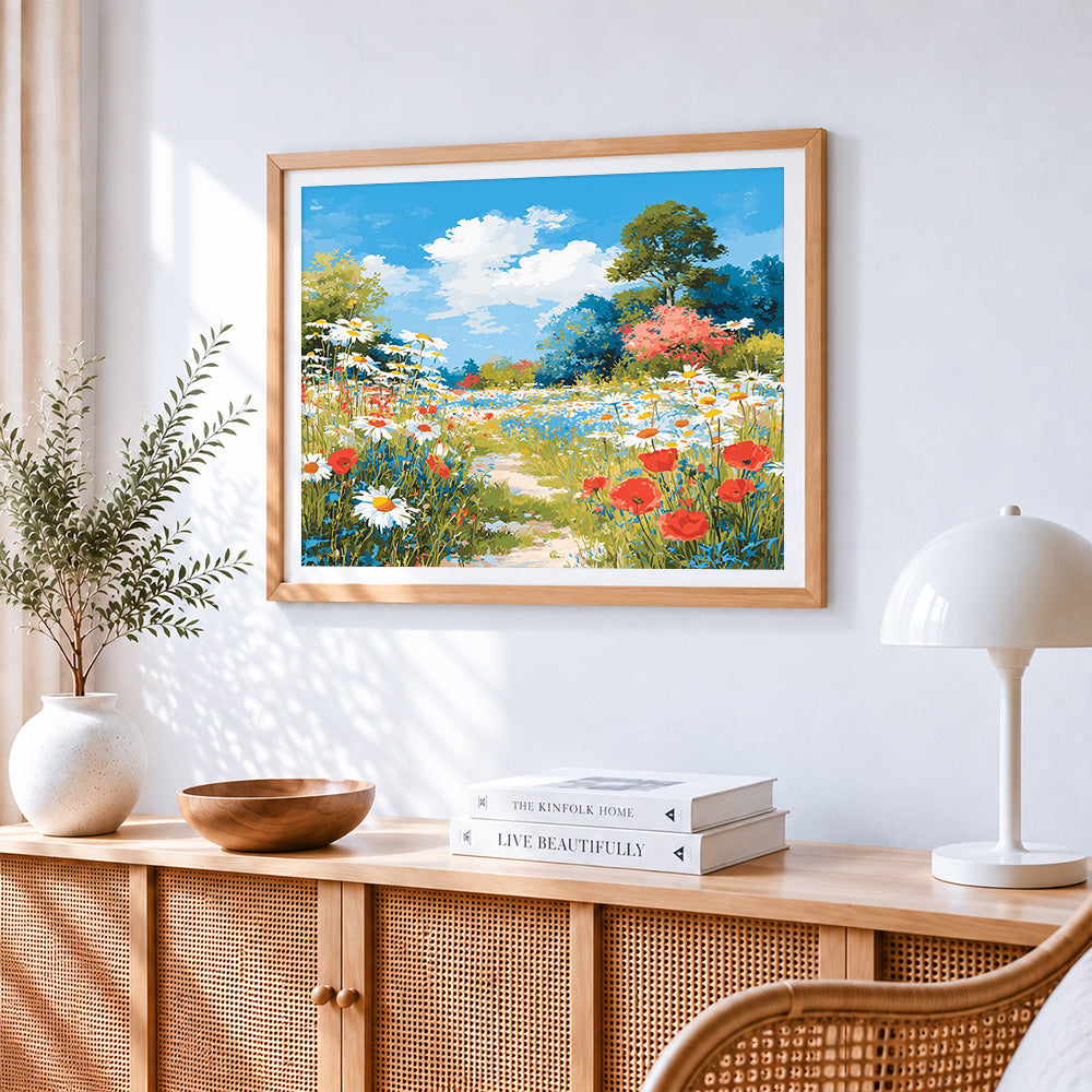 Daisy and poppy flower path cross stitch artwork displayed on wall as home decor