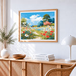 Daisy and poppy flower path paint by numbers artwork displayed on wall as home decor