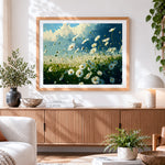 Finished daisy meadow under blue skies cross stitch artwork displayed