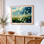 Daisy meadow under blue skies cross stitch artwork displayed on wall as home decor