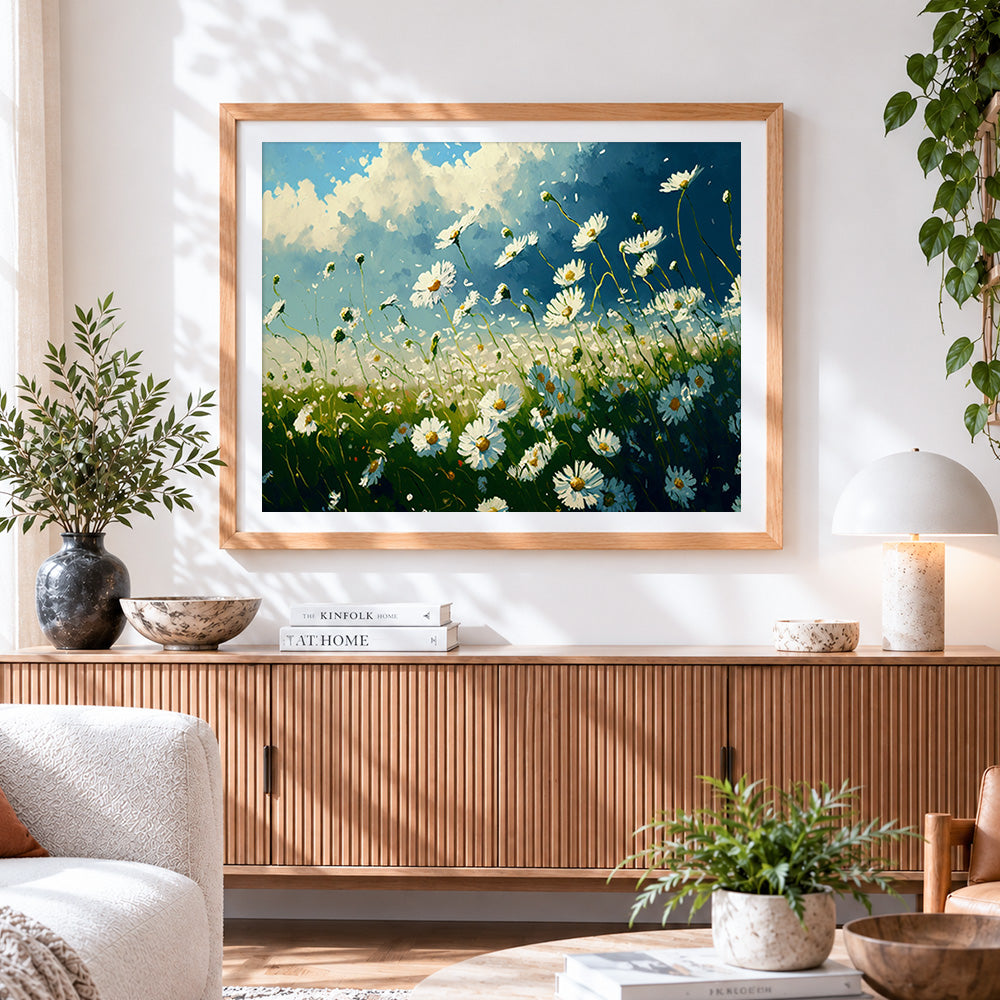 Finished daisy meadow under blue skies paint by numbers artwork displayed as home decor