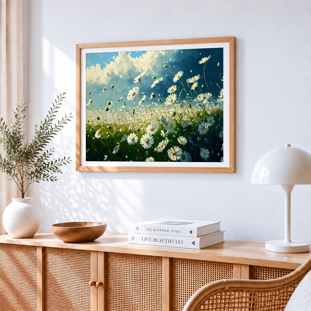 Daisy meadow under blue skies paint by numbers artwork displayed on wall as home decor