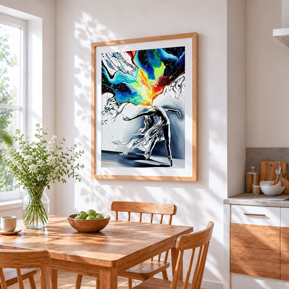 Dancer with colourful splash paint by numbers artwork displayed on wall as home decor