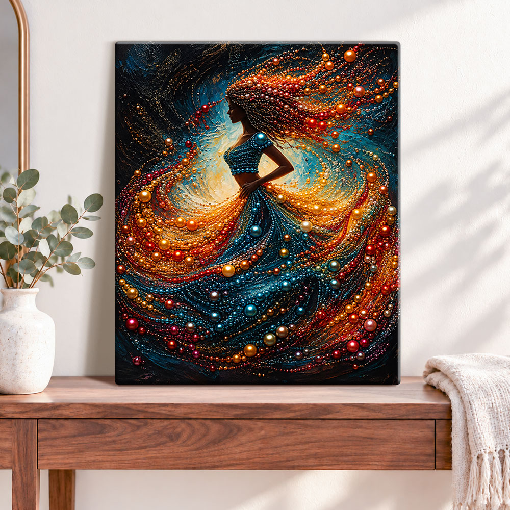 Finished dancing pearl lady pearl diamond painting artwork displayed as home decor