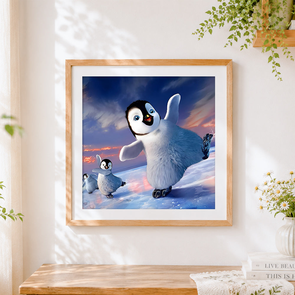 Finished dancing penguins on ice cross stitch artwork displayed