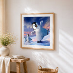 Dancing penguins on ice cross stitch artwork displayed on wall as home decor