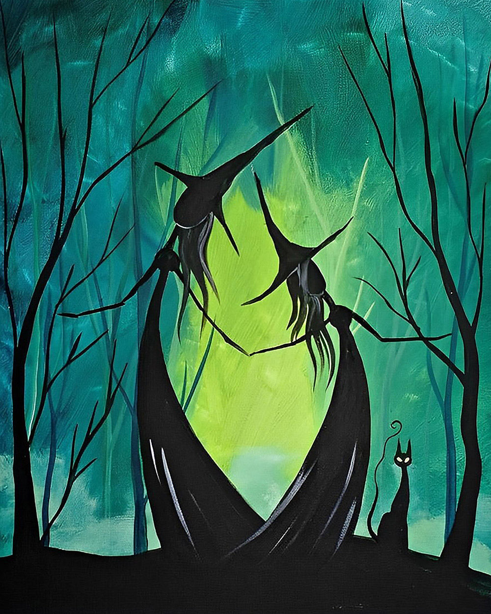 Dancing witches in a green forest cross stitch kit for beginners
