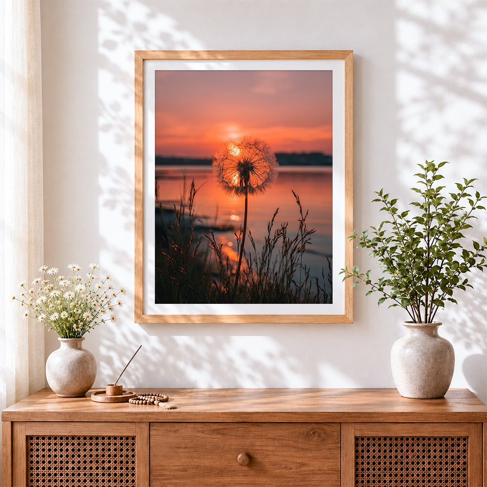 Finished dandelion at sunset cross stitch artwork displayed