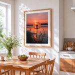 Dandelion at sunset cross stitch artwork displayed on wall as home decor