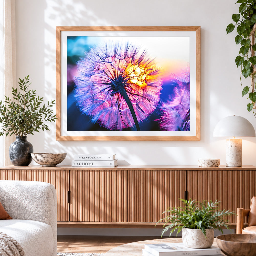 Finished dandelion glowing in sunset paint by numbers artwork displayed as home decor