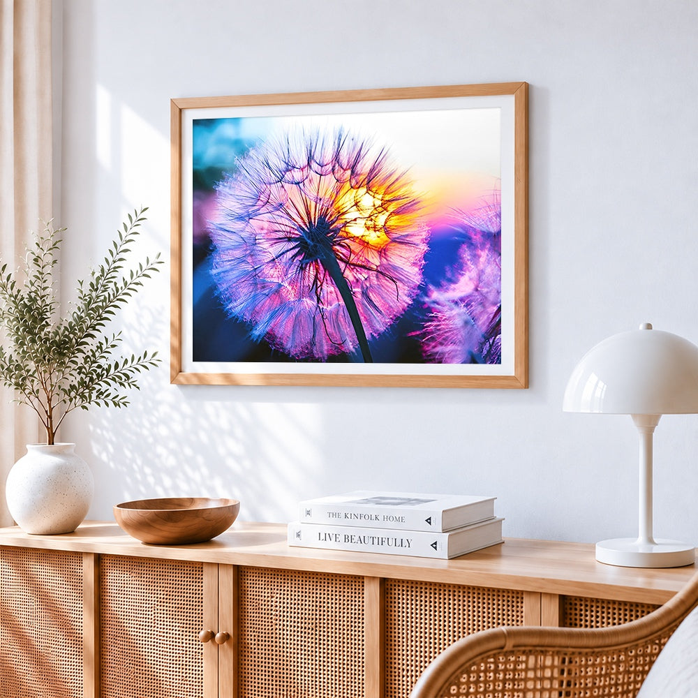 Dandelion glowing in sunset paint by numbers artwork displayed on wall as home decor