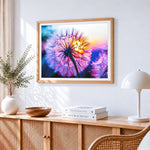 Dandelion glowing in sunset paint by numbers artwork displayed on wall as home decor