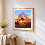 Dandelion seed at sunset cross stitch artwork displayed on wall as home decor