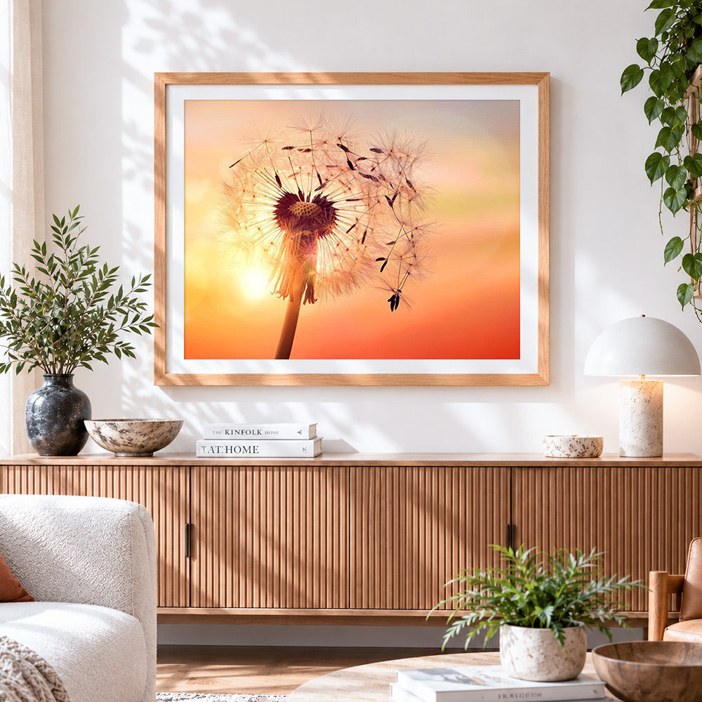 Finished dandelion seed head at sunset paint by numbers artwork displayed as home decor