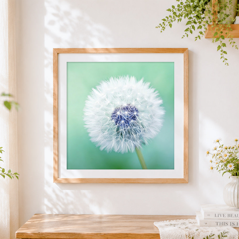 Finished dandelion seed on green background cross stitch artwork displayed