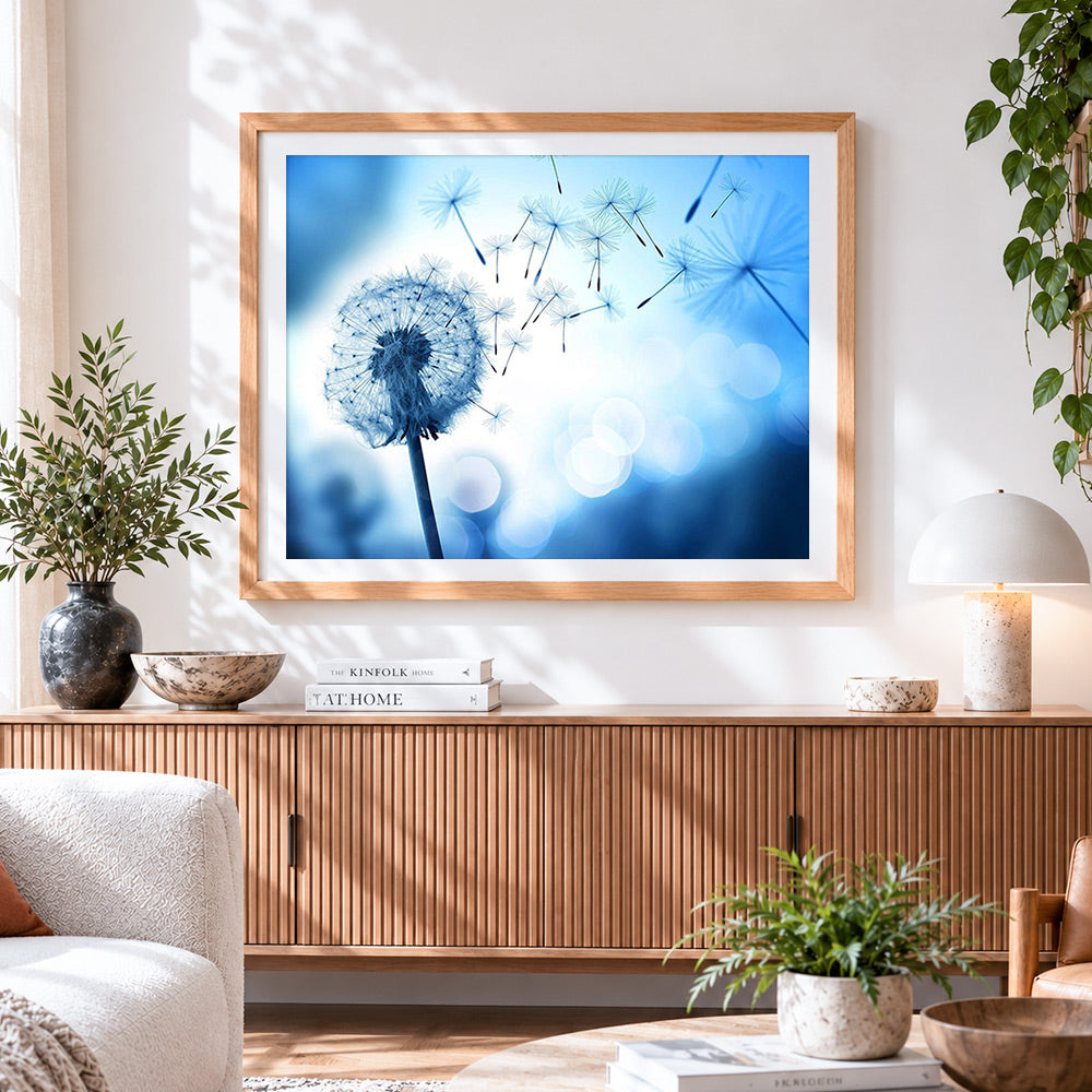 Finished dandelion seeds blowing in the wind paint by numbers artwork displayed as home decor