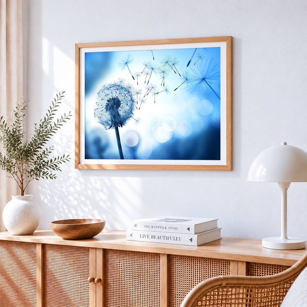 Dandelion seeds blowing in the wind paint by numbers artwork displayed on wall as home decor