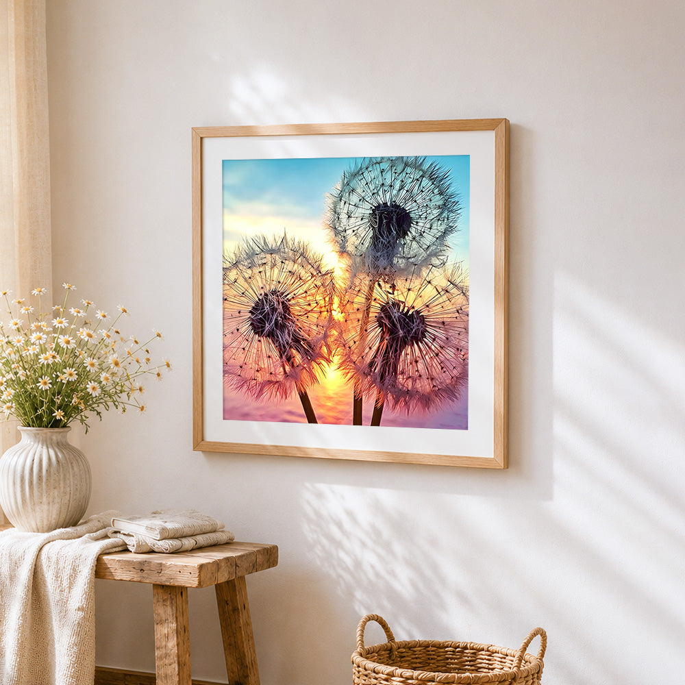 Dandelion silhouettes at sunset paint by numbers artwork displayed on wall as home decor