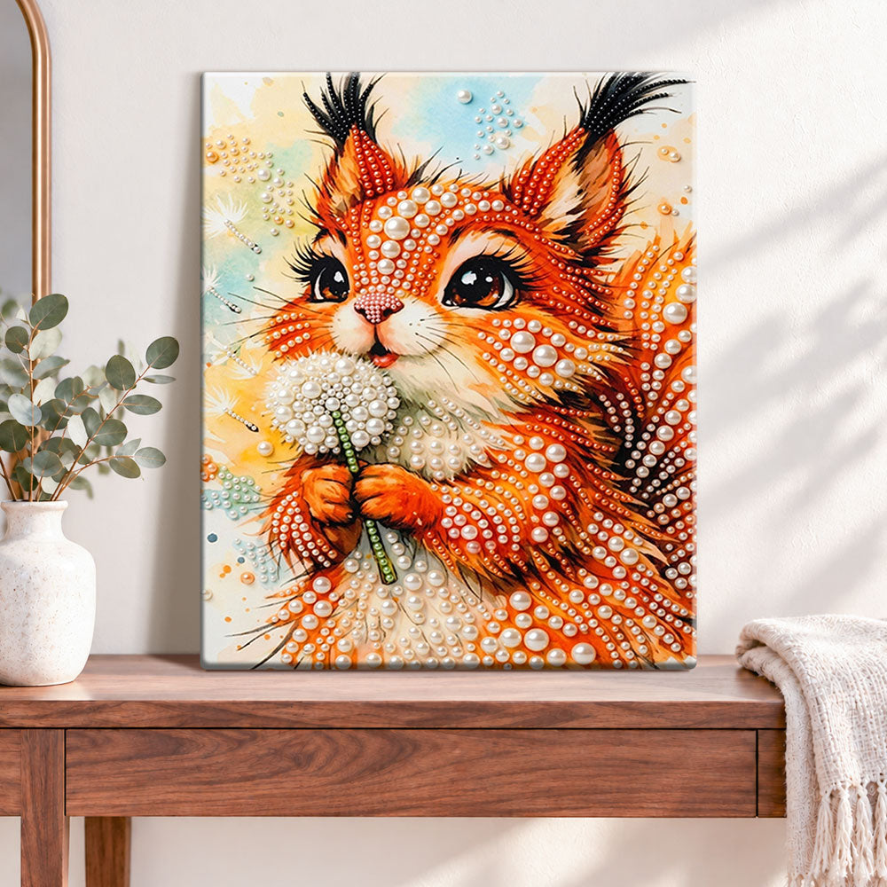Finished dandelion squirrel pearl diamond painting artwork displayed as home decor