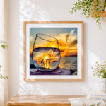 Finished dandelion sunset in a wine glass paint by numbers artwork displayed as home decor