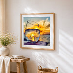 Dandelion sunset in a wine glass paint by numbers artwork displayed on wall as home decor