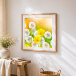 Dandelions and yellow flowers cross stitch artwork displayed on wall as home decor