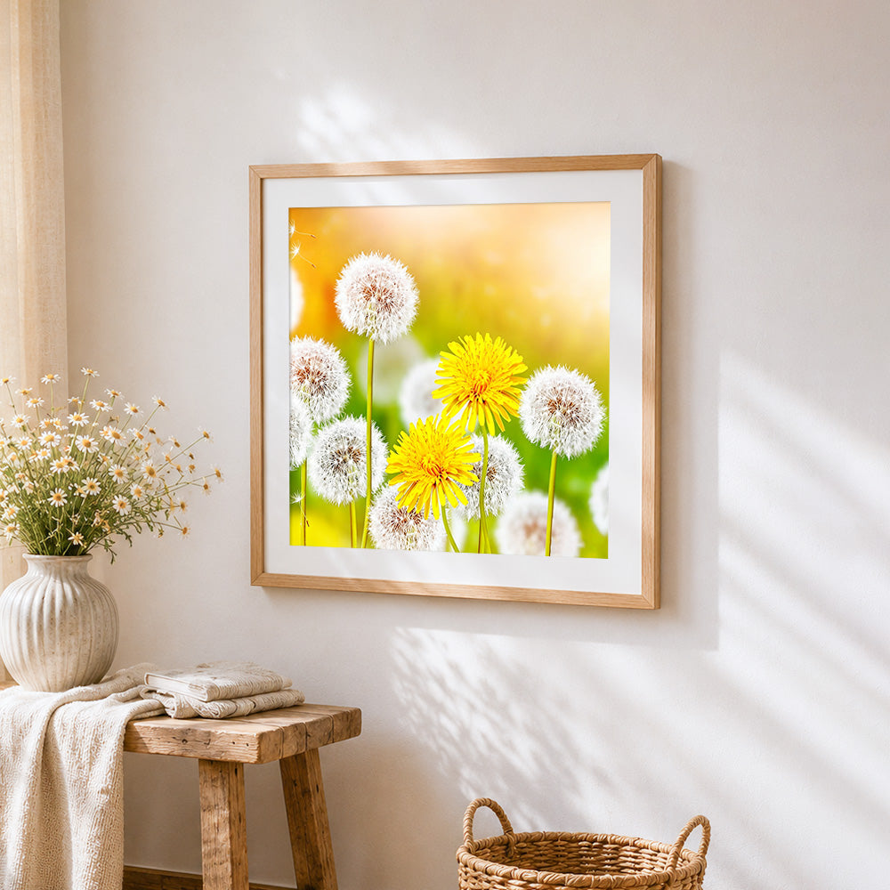 Dandelions and yellow flowers cross stitch artwork displayed on wall as home decor