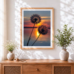 Finished dandelions silhouette at sunset cross stitch artwork displayed