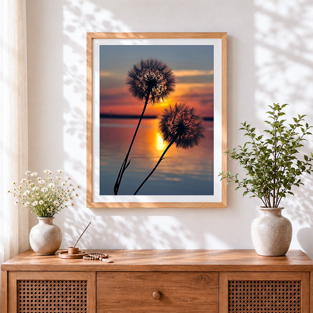 Finished dandelions silhouette at sunset cross stitch artwork displayed