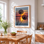 Dandelions silhouette at sunset cross stitch artwork displayed on wall as home decor