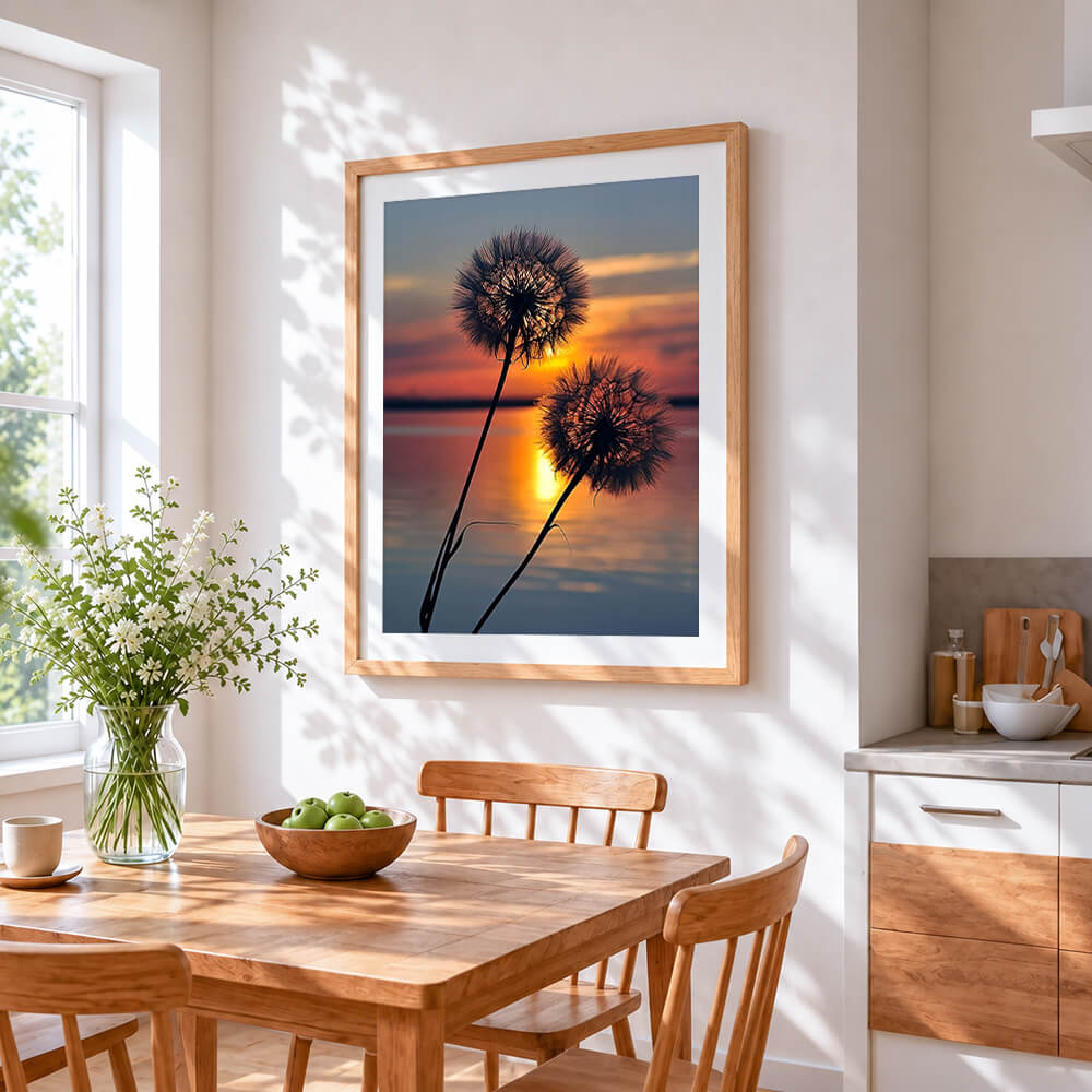 Dandelions silhouette at sunset cross stitch artwork displayed on wall as home decor
