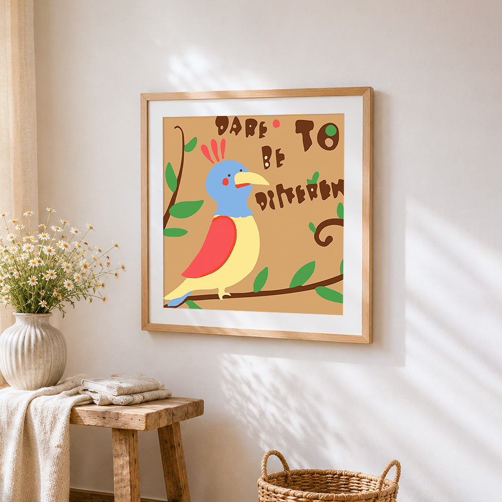 "Dare to be different" parrot cross stitch artwork displayed on wall as home decor