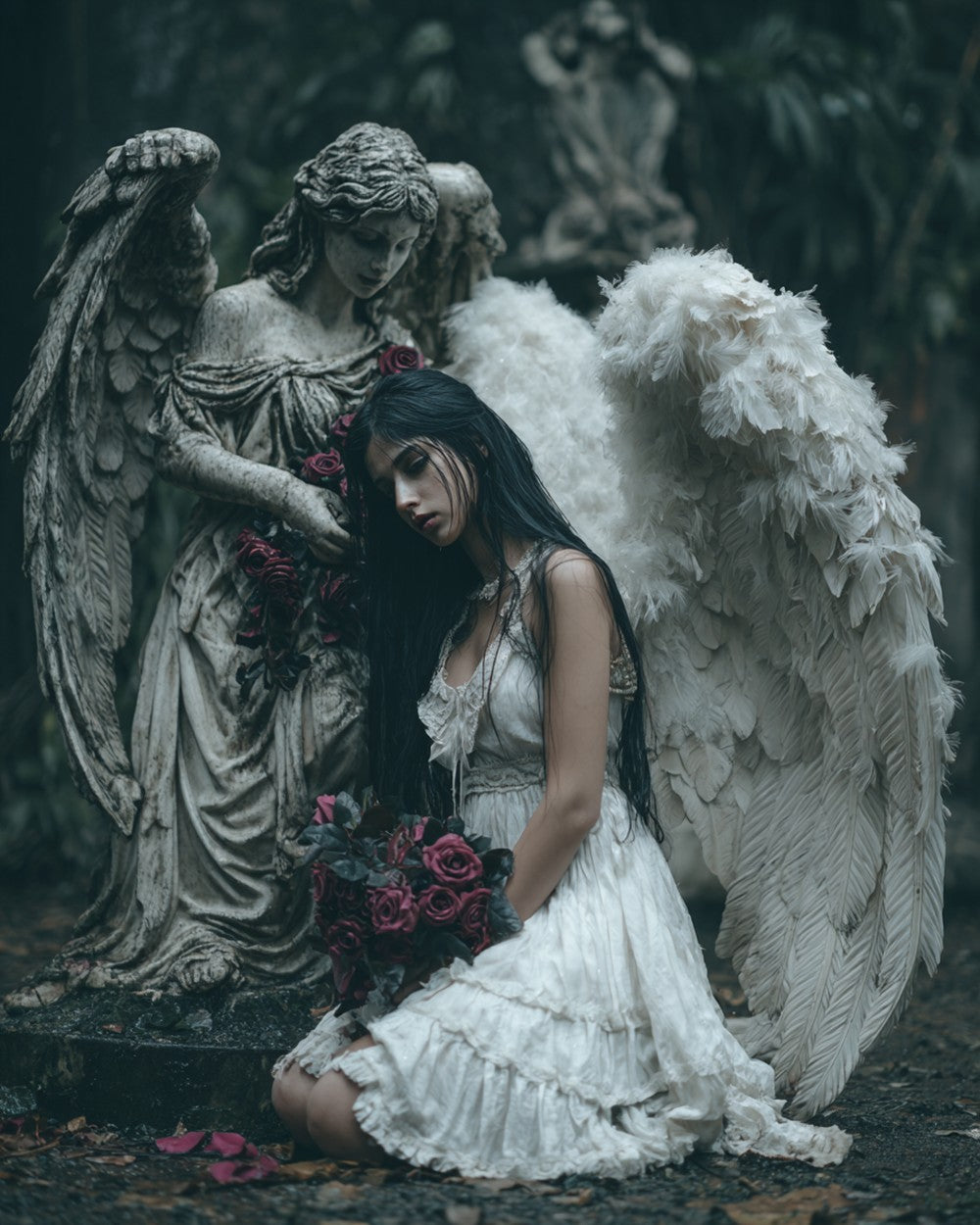 Dark angel with stone statue and roses cross stitch kit for beginners