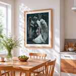 Dark angel with stone statue and roses cross stitch artwork displayed on wall as home decor
