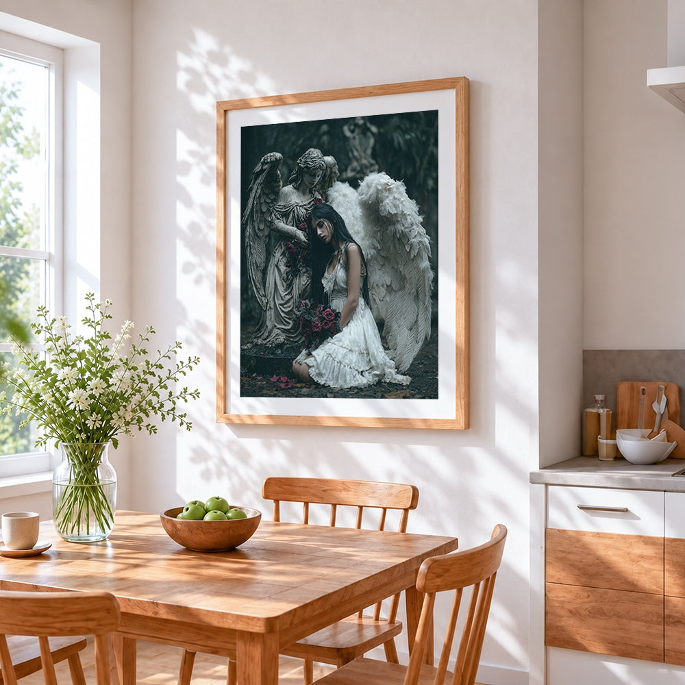 Dark angel with stone statue and roses cross stitch artwork displayed on wall as home decor