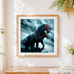 Finished dark armoured unicorn with red glowing eyes cross stitch artwork displayed