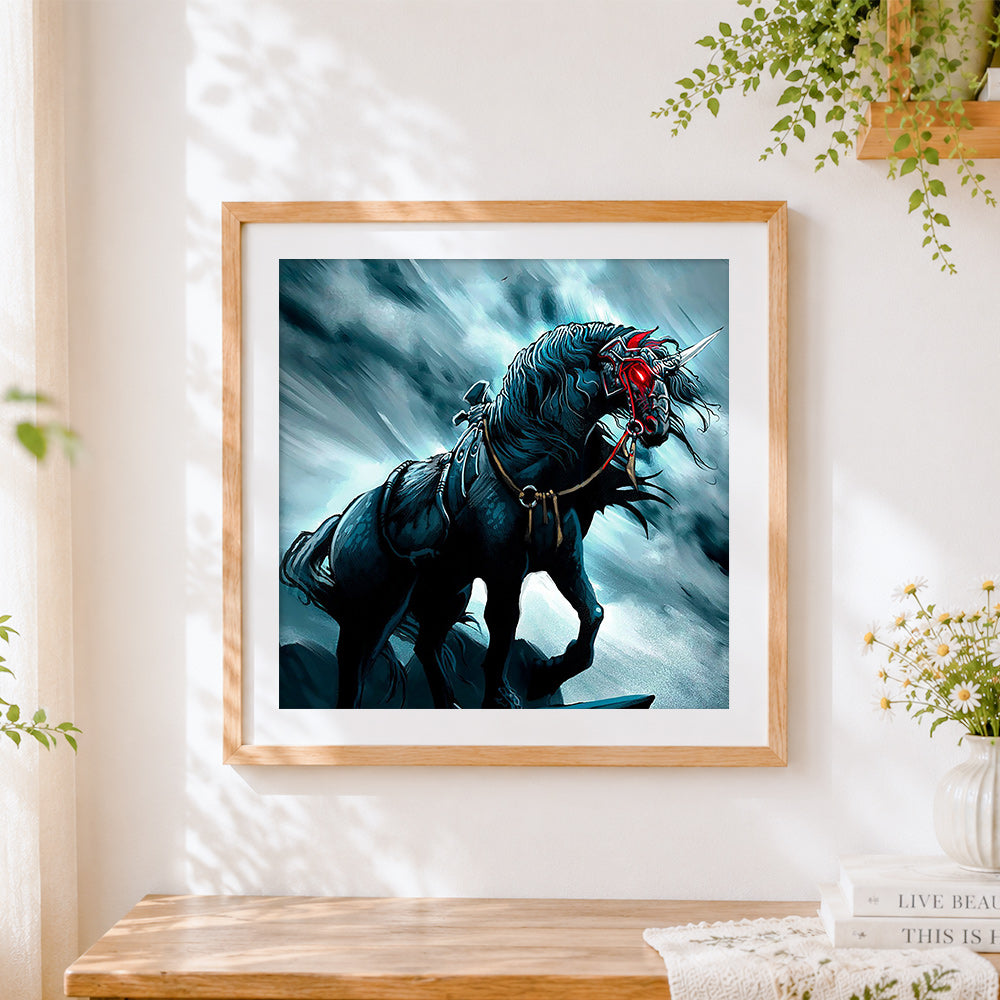 Finished dark armoured unicorn with red glowing eyes cross stitch artwork displayed