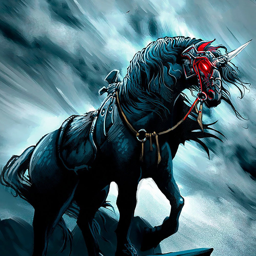 Dark armoured unicorn with red glowing eyes cross stitch kit for beginners