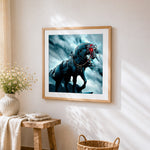 Dark armoured unicorn with red glowing eyes cross stitch artwork displayed on wall as home decor