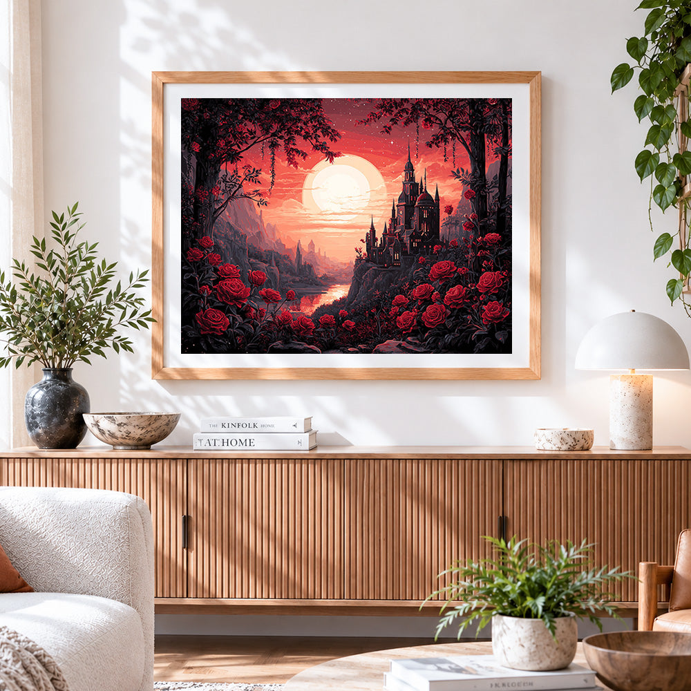 Finished dark castle surrounded by red roses cross stitch artwork displayed